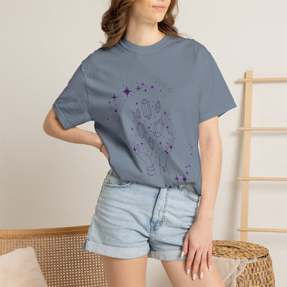 Crystal Reading T-Shirt — Mystical Hands, Floating Crystals & Stars Tee