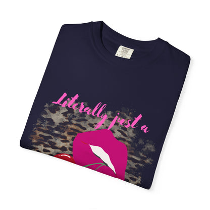 Graphic T-Shirt — "Literally Just a Girl" Pink Lips & Cherries Tee