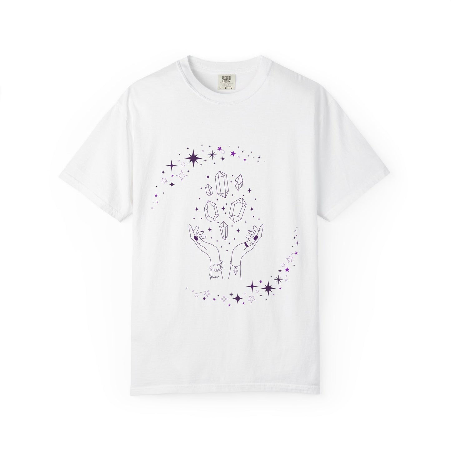 Crystal Reading T-Shirt — Mystical Hands, Floating Crystals & Stars Tee