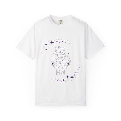 Crystal Reading T-Shirt — Mystical Hands, Floating Crystals & Stars Tee