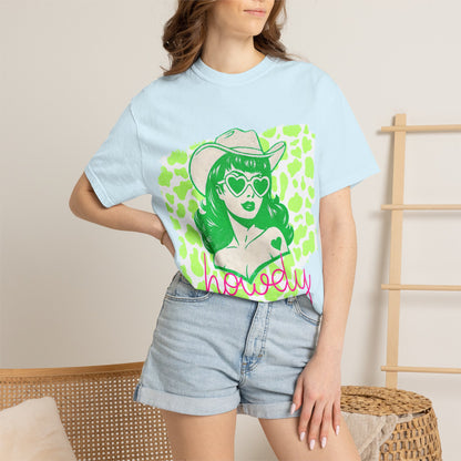 Howdy Cowgirl Graphic T-Shirt — Retro Neon Green Leopard Print with “howdy” Script