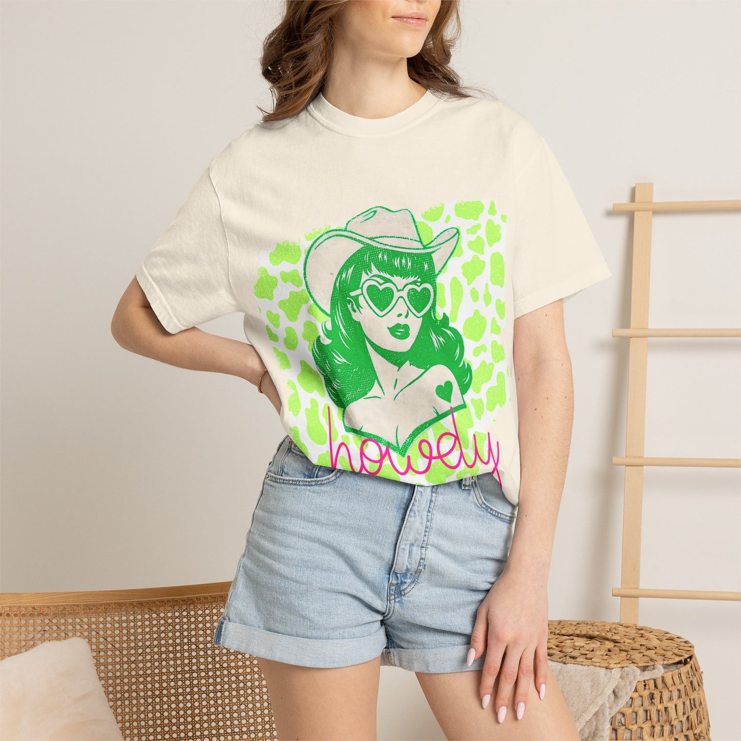 Howdy Cowgirl Graphic T-Shirt — Retro Neon Green Leopard Print with “howdy” Script