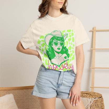 Howdy Cowgirl Graphic T-Shirt — Retro Neon Green Leopard Print with “howdy” Script