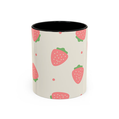 Strawberry Pattern Accent Coffee Mug — Cute Pink Fruit Ceramic Mug (11/15oz)
