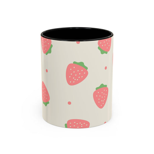 Strawberry Pattern Accent Coffee Mug — Cute Pink Fruit Ceramic Mug (11/15oz)