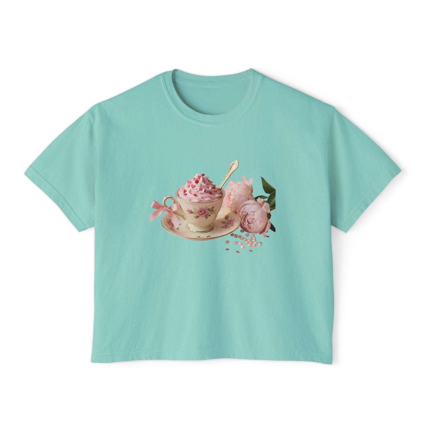 Vintage Teacup & Roses Boxy Tee — Floral Tea Party Graphic Shirt