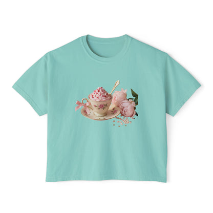 Vintage Teacup & Roses Boxy Tee — Floral Tea Party Graphic Shirt