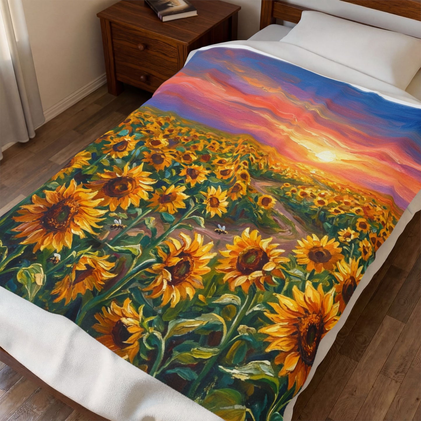 Sunflower Field Velveteen Plush Blanket — Cozy Floral Sunset Throw