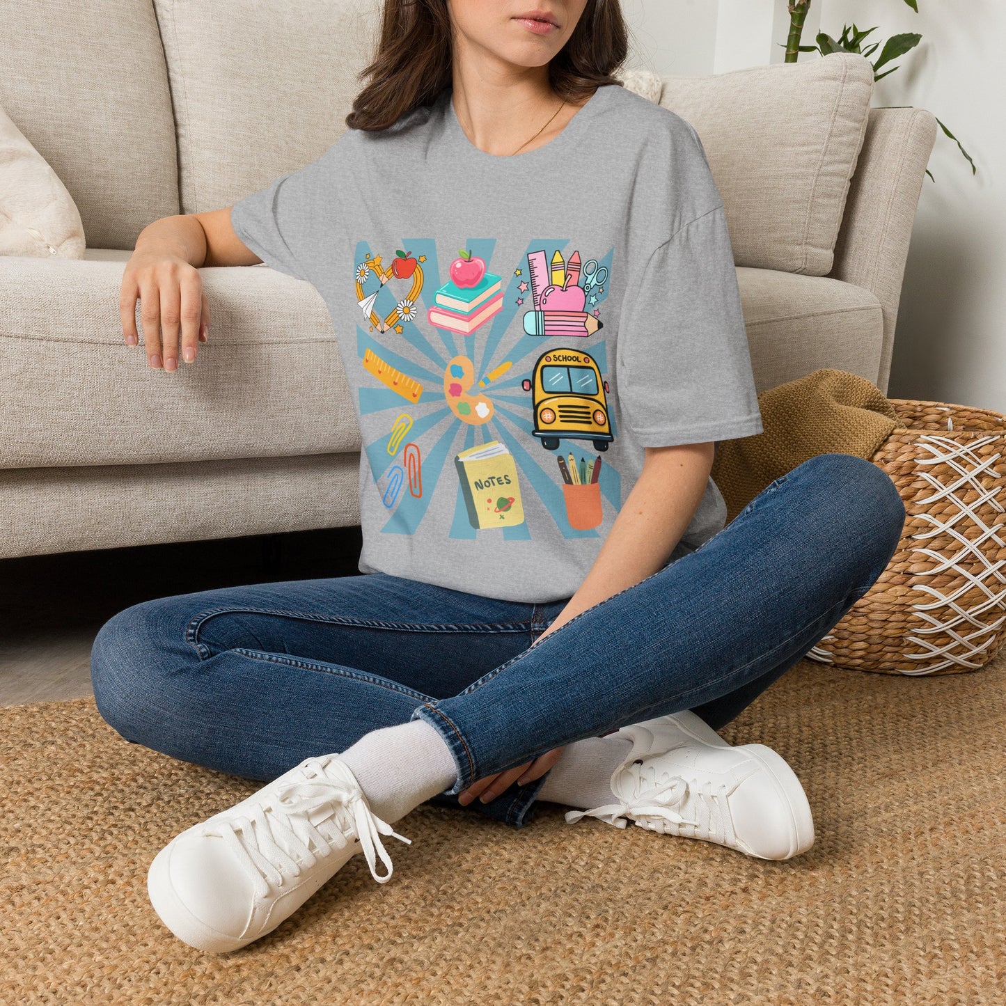 Back to School Graphic T-Shirt — Colorful School Icons (Apple, Bus, Books)