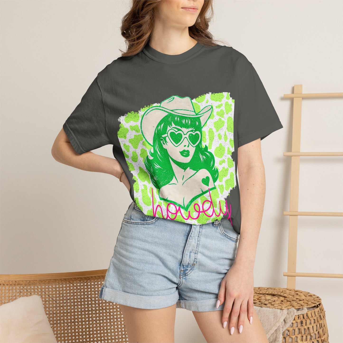Howdy Cowgirl Graphic T-Shirt — Retro Neon Green Leopard Print with “howdy” Script