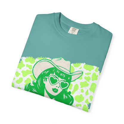 Howdy Cowgirl Graphic T-Shirt — Retro Neon Green Leopard Print with “howdy” Script