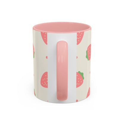Strawberry Pattern Accent Coffee Mug — Cute Pink Fruit Ceramic Mug (11/15oz)
